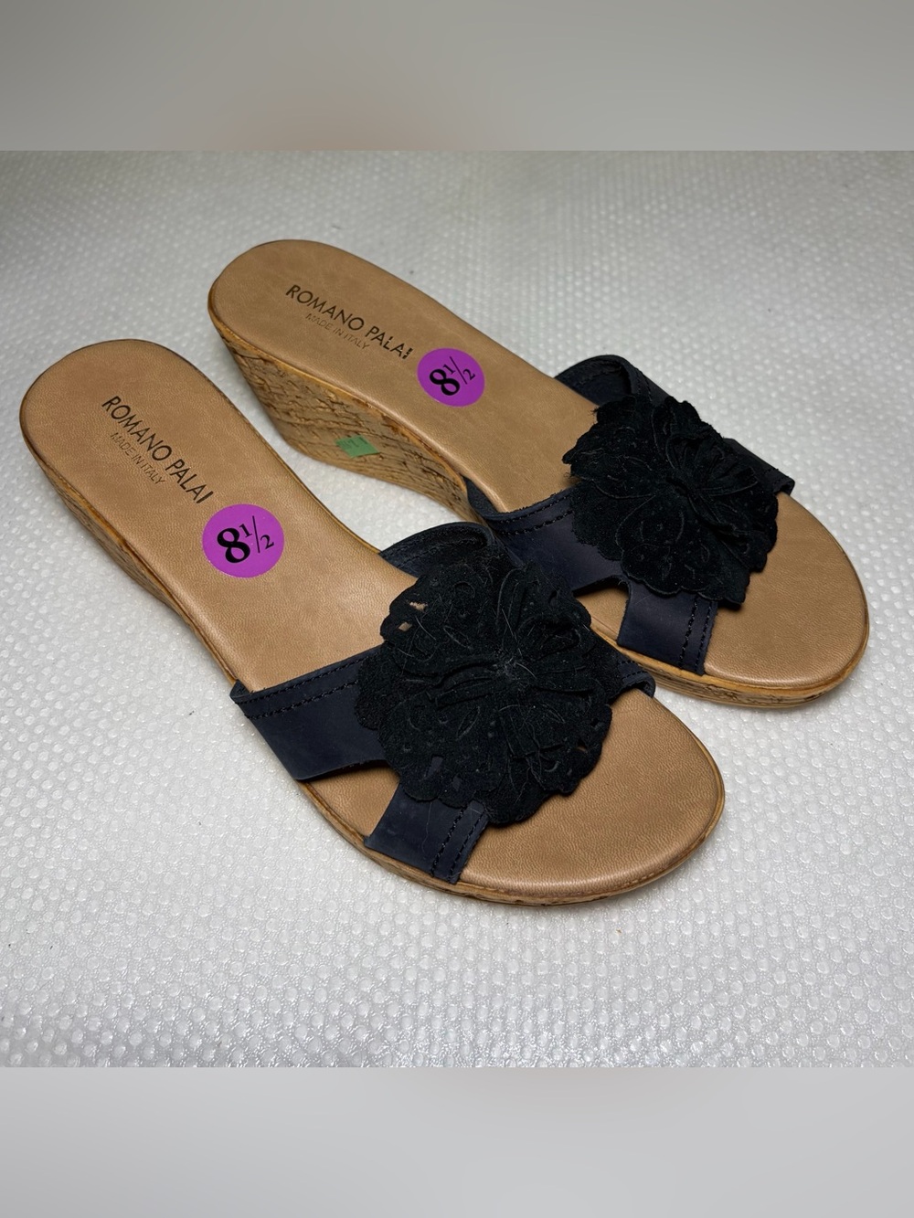 ROMANO PALAI Black Floral Wedge Sandals - Women's 8.5